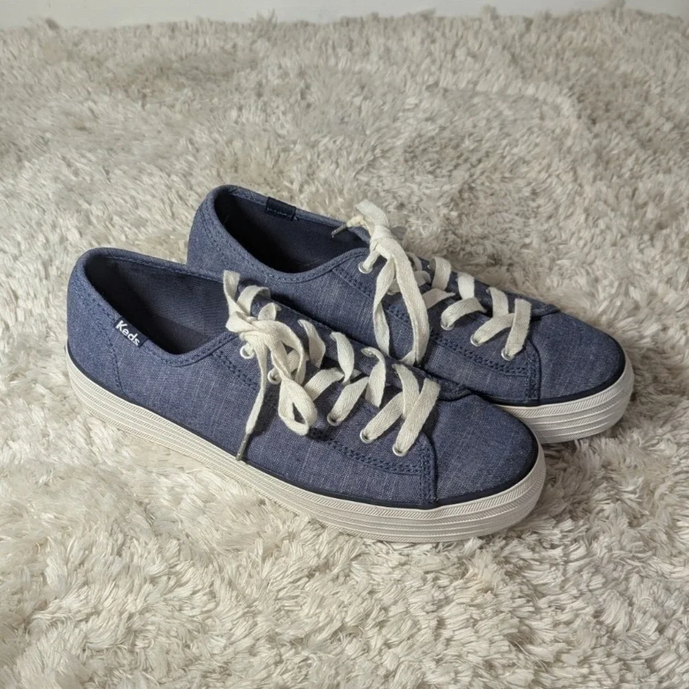 Coastal Preppy Platform Sneakers Keds Triple Kick Chambray Blue Womens 7.5